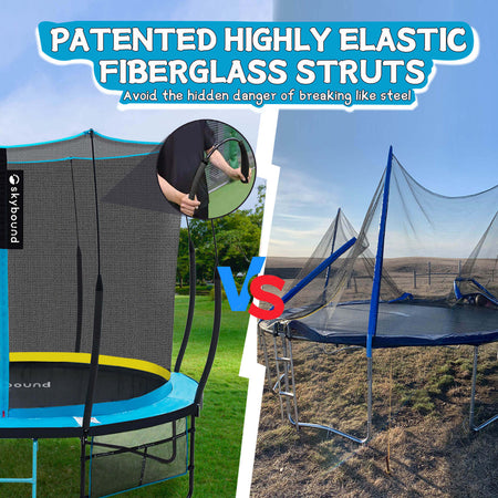 On the left is a intact 10ft trampoline with fiberglass poles, while on the right is a trampoline with broken steel support poles, The title reads: PATENTED HIGHLY ELASTICFIBERGLASS STRUTSAvoid the hidden danger of breaking like steel.