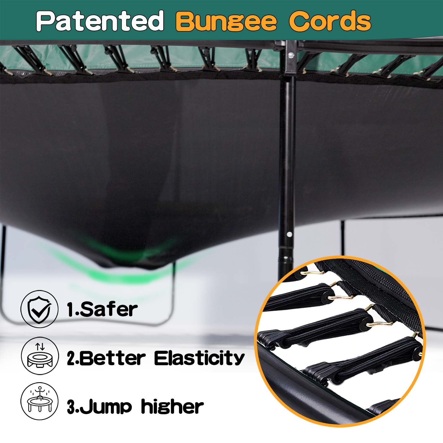 Title: Patent Bungee Cord Description: Above, there is a highly elastic trampoline jumping cloth on display. Below, there is a detailed image of the bungee cord, with "Safety, Better Elasticity, Jump Higher" written next to it.