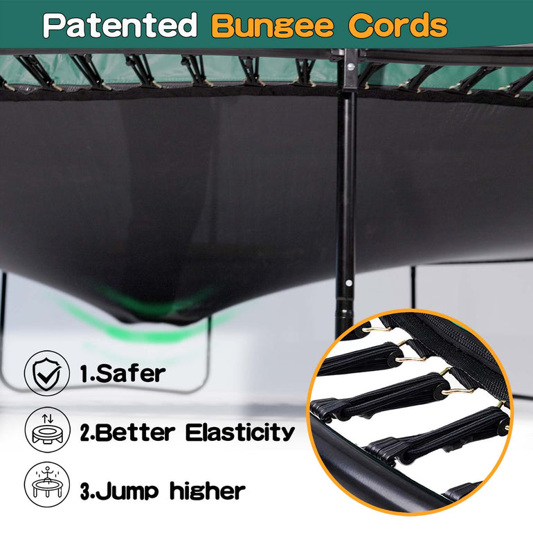 Title: Patent Bungee Cord, Above, there is a highly elastic trampoline jumping cloth on display. Below, there is a detailed image of the bungee cord, with 