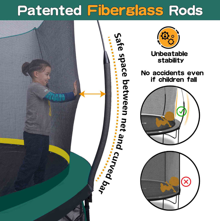 Title: Patent fiberglass bending pole, On the left, a little girl is pushing the trampoline net on a 14ft springfree trampoline. On the right, it says the safe space between the net and the support pole, No accidents even if children fall.