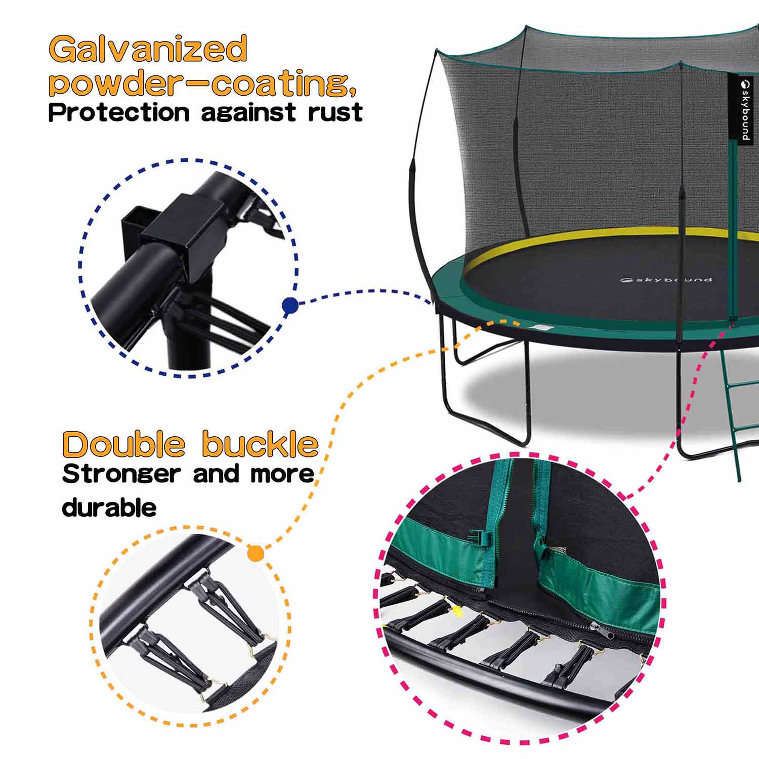 Next to the 14ft springfree Trampoline are three detailed images, with the following labels beside each: Double-layer bungee cord, Zipper between the net and the jumping mat, Rust-resistant galvanized coating.