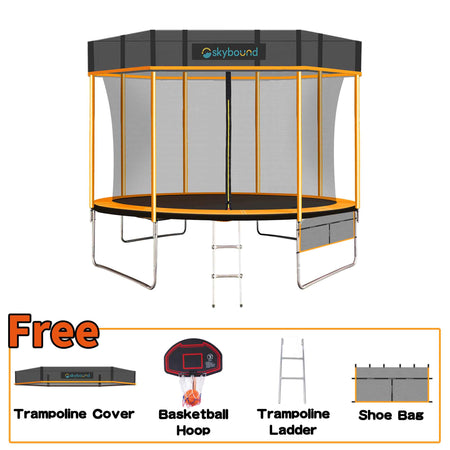 skysoar orange 10ft trampoline with Cover, Below there is a frame that says FREE with cover and basketball hoop and basketball, ladder, shoes and bag.