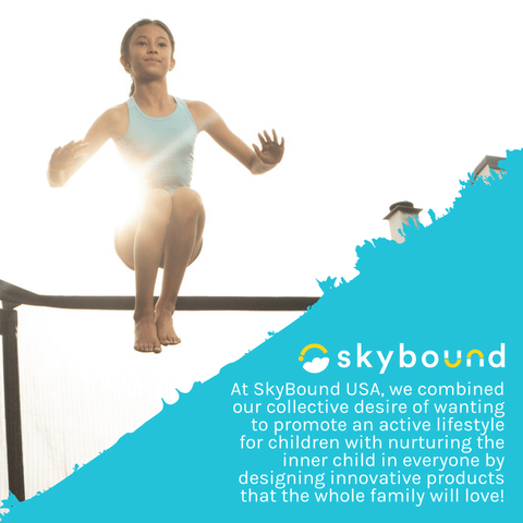 Girl Jumping on Trampoline.  SkyBound- At SkyBound USA, we combined our collective desire of wanting to promote an active lifestyle for children with nurturing the inner child in everyone by designing innovative products that the whole family will love!