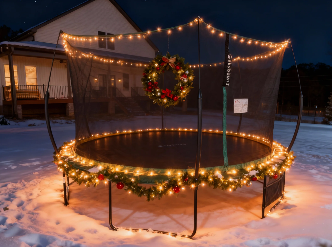 A trampoline decorated for Christmas in a snowy backyard, featuring a green wreath and warm white LED lights