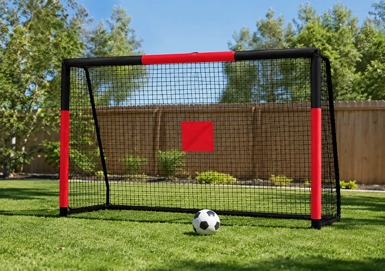 SkyBound steel soccer goal with anti-rust paint treatment set up in backyard