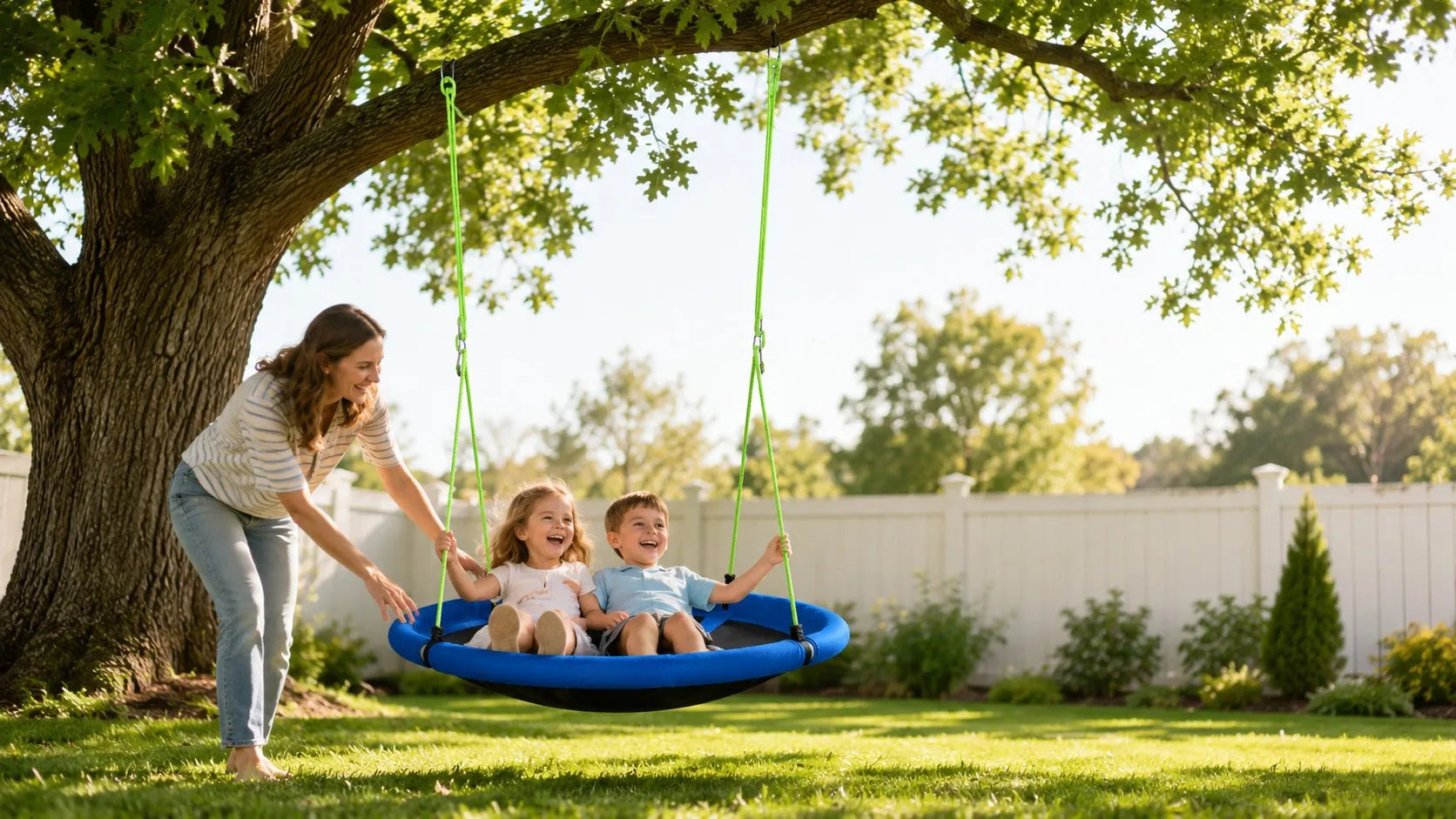 SkyBound tree swing, family enjoying outdoor play in backyard