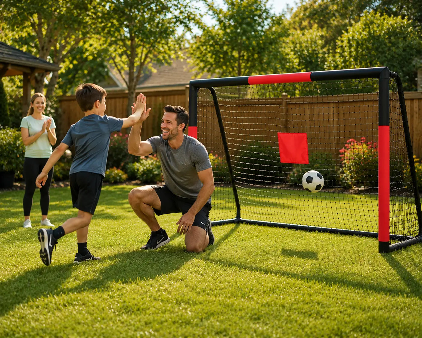 Kids playing safely near foam padded steel soccer goal in family backyard