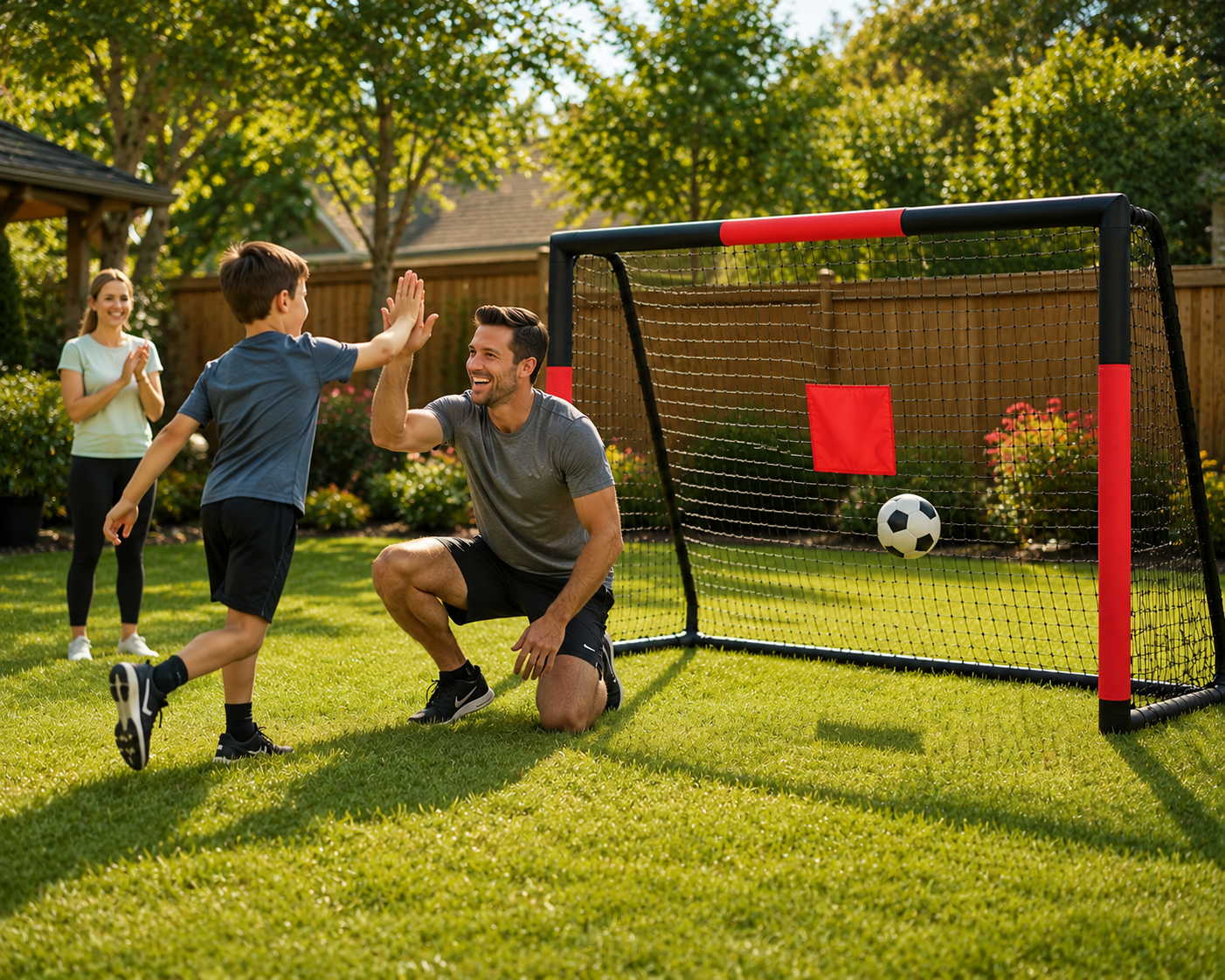 Kids playing safely near foam padded steel soccer goal in family backyard