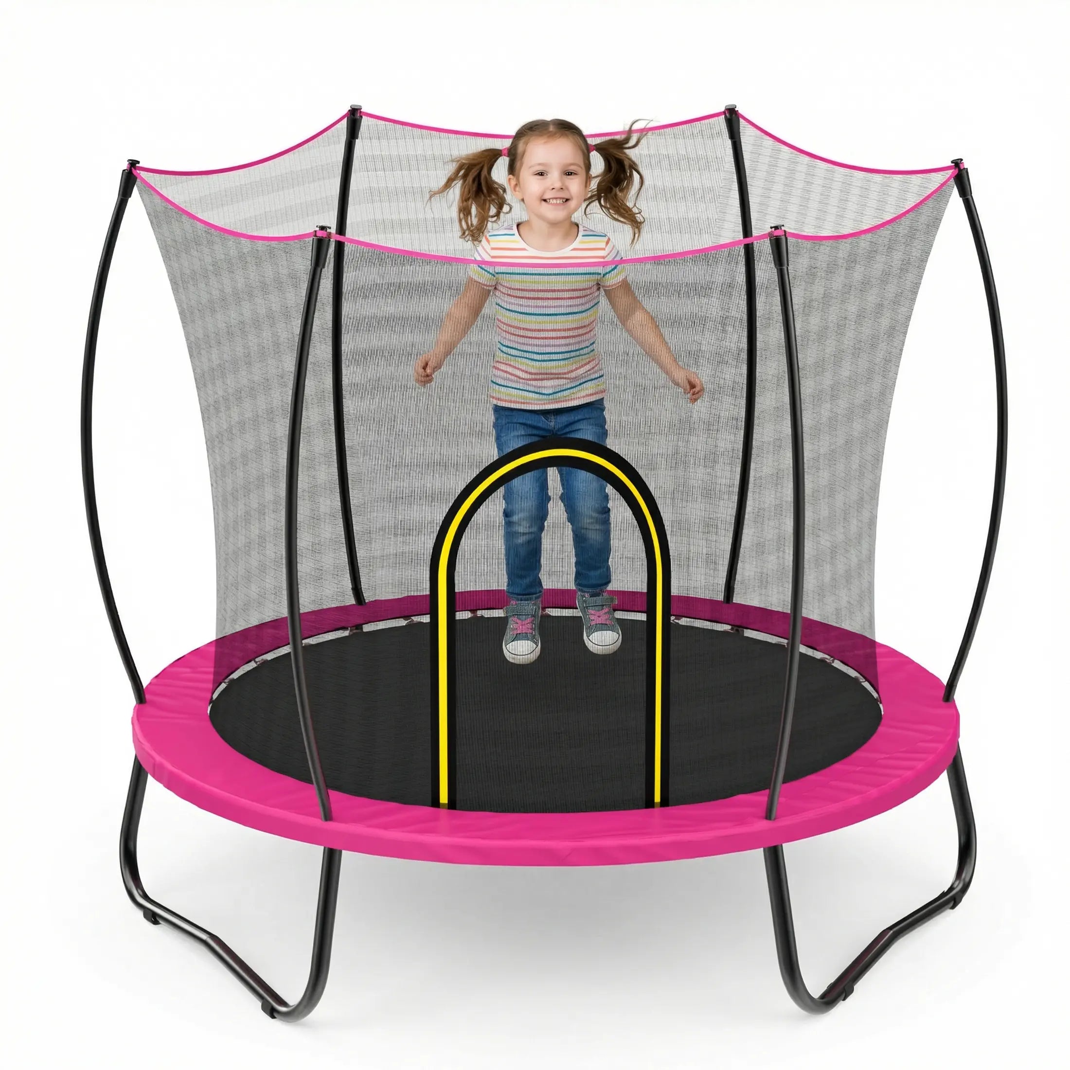 Our SkyBound pink trampoline is captured on a neutral white background to highlight its full design. The tall continuous safety enclosure wraps the entire play zone, paired with a wide soft padded outer rim for maximum child safety during active play.