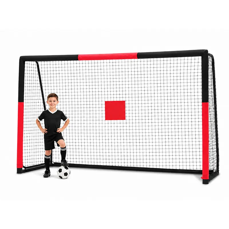 Safe outdoor kids soccer goal featuring anti-collision foam wrapping and central shooting target sticker to improve shooting accuracy, weather-resistant UV certified metal frame, perfect for solo kid practice, family backyard matches and team drills