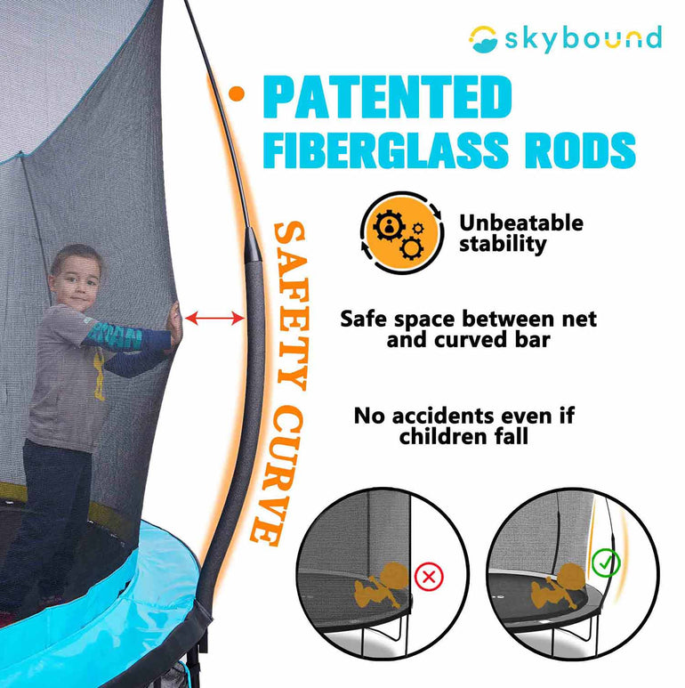 Title: Patent fiberglass pole. On the left, a little girl is pushing the trampoline net on a 10ft Skylift trampoline. On the right, it says the safe space between the net and the support pole, No accidents even if children fall.