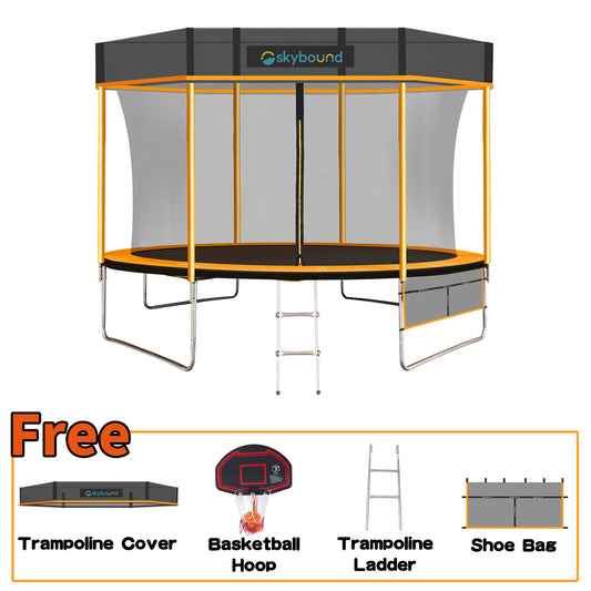 Orange 12ft trampoline with Cover, Below there is a frame that says FREE with cover and basketball hoop and basketball, ladder, shoes and bag.
