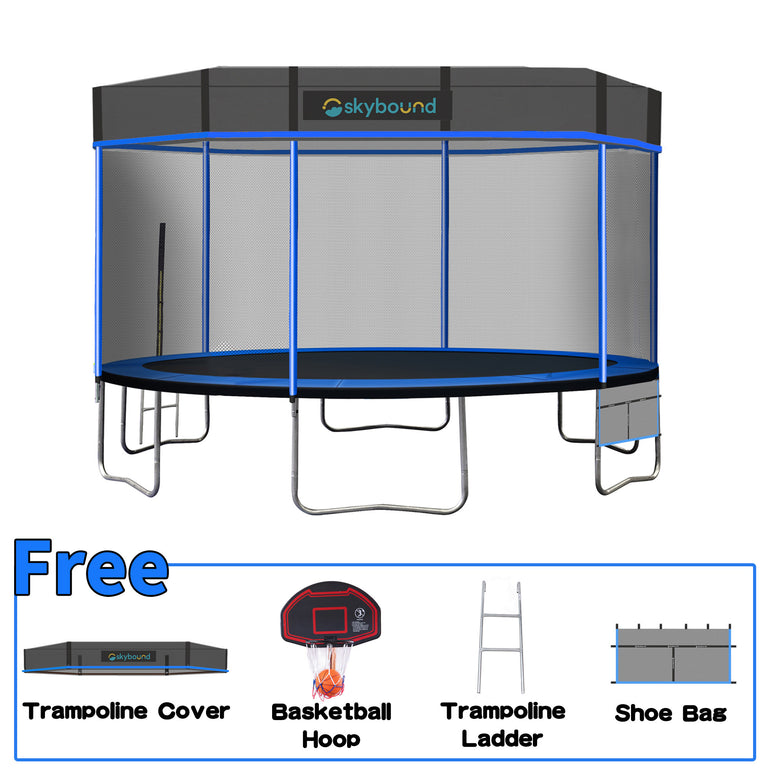 Blue 14ft trampoline with Cover, Below there is a frame that says FREE with cover and basketball hoop and basketball, ladder, shoes and bag.