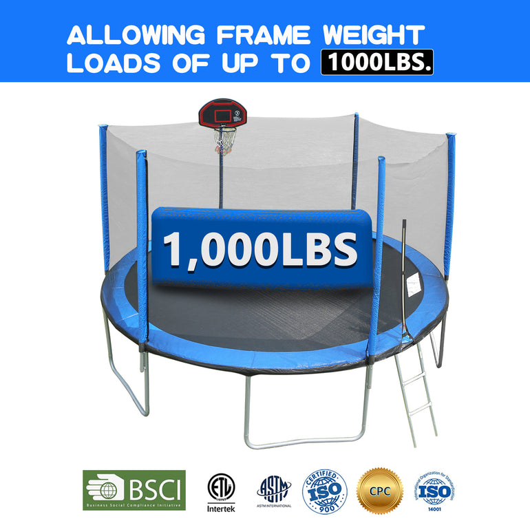Skybound 14ft trampoline allows frame weight up to 1000 lbs