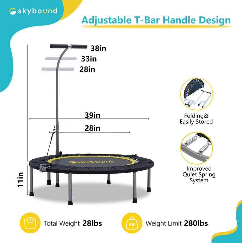 an aldult mini trampoline with handle with size: trampoline width 39inches, legs higth 11in, The handle can be adjusted from 28-38in. Below it reads: Weight limit for trampoline users is 280 lbs