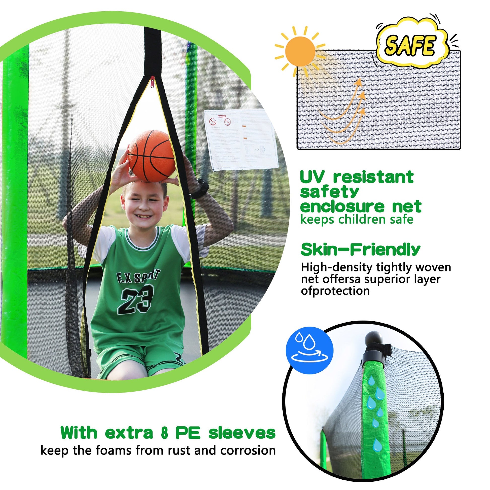 The boy is sitting on a green trampoline and holding a basketball with the text next to it saying: UV resistant safety enclosure net keeps children safe, skin-friendly, with extra 8 pe sleeves