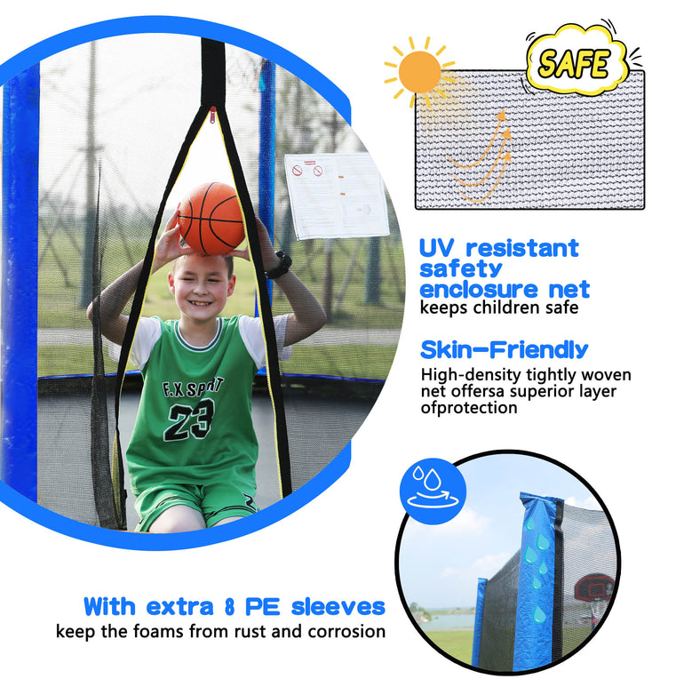 The boy is sitting on a blue trampoline and holding a basketball with the text next to it saying: UV resistant safety enclosure net keeps children safe, skin-friendly, with extra 8 pe sleeves