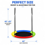 Size diagram of 40 inch multicolor round saucer tree swing, seat diameter 40 inches with adjustable hanging height from 40 to 65 inches for outdoor backyard play