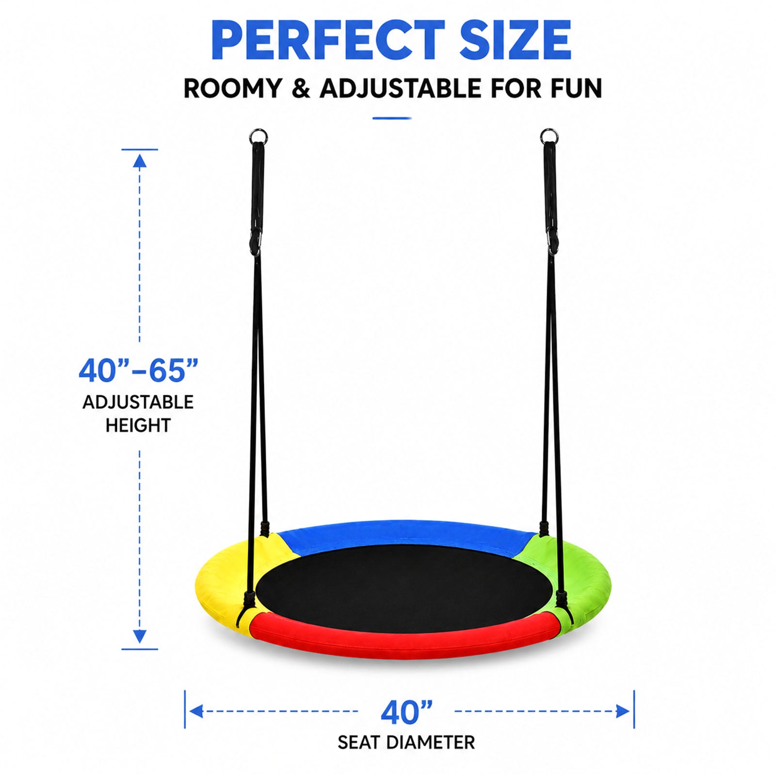 Size diagram of 40 inch multicolor round saucer tree swing, seat diameter 40 inches with adjustable hanging height from 40 to 65 inches for outdoor backyard play