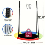 40 inch multicolor round saucer swing specification chart, sturdy metal frame with multi-strand strong ropes, 595 lbs load capacity, adjustable 40"-65" suspension ropes