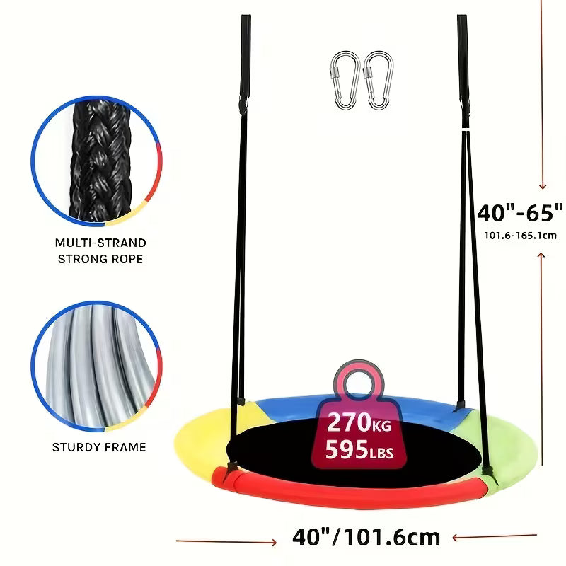 40 inch multicolor round saucer swing specification chart, sturdy metal frame with multi-strand strong ropes, 595 lbs load capacity, adjustable 40"-65" suspension ropes