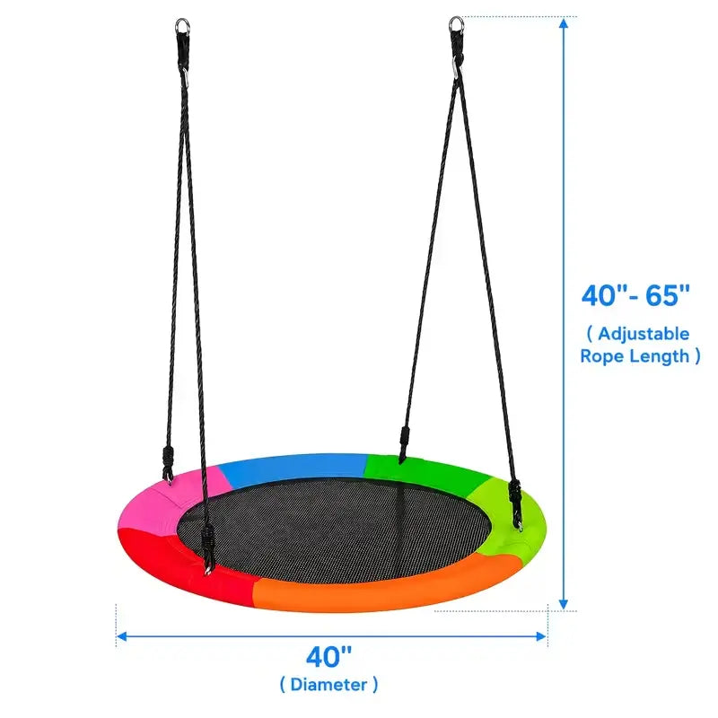 40‑inch diameter colorful saucer swing with adjustable 40‑65 inch hanging ropes. Spacious multi‑person round tree swing, perfect outdoor playground equipment for kids backyard fun.