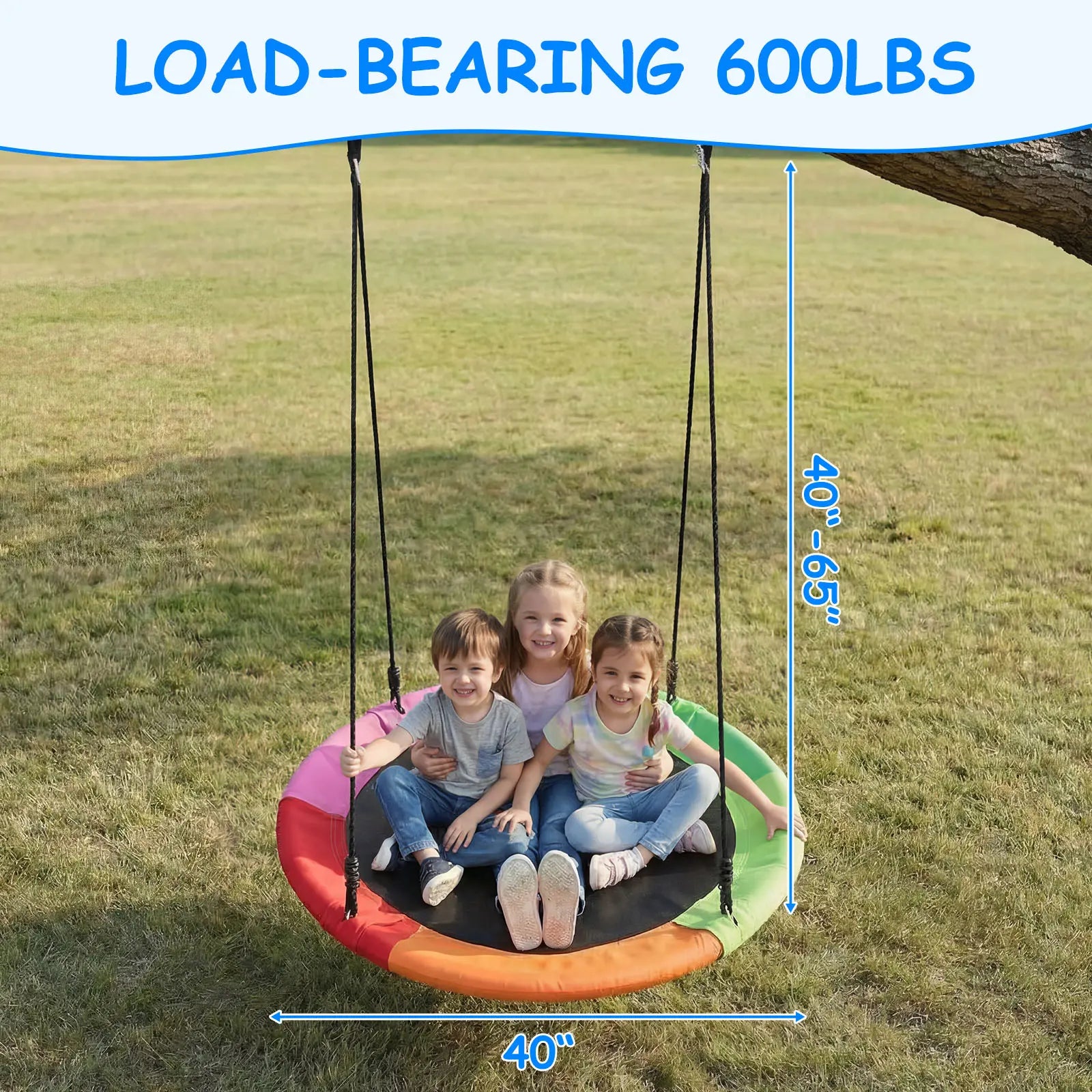 40‑inch large round saucer swing with adjustable 40‑65 inch ropes, heavy‑duty 600 lbs load‑bearing, multi‑kids colorful tree swing for backyard outdoor lawn play.