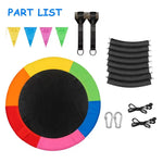 Complete parts package for multicolor saucer swing, including round swing seat, tree hanging straps, adjustable ropes, carabiners and colorful pennant banners, easy‑to‑install outdoor kids swing set.