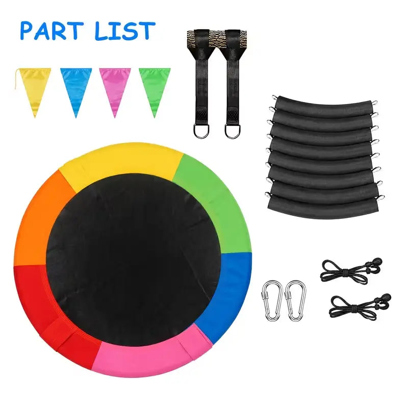 Complete parts package for multicolor saucer swing, including round swing seat, tree hanging straps, adjustable ropes, carabiners and colorful pennant banners, easy‑to‑install outdoor kids swing set.