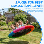 Spacious colorful saucer tree swing brings wonderful outdoor gaming experience for kids. Transform your backyard into a fun playground where children enjoy happy group swinging time.
