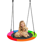 Bright multicolor 40‑inch round saucer tree swing for kids. Heavy‑duty outdoor flying platform swing, safe and durable for backyard, tree and playground fun for children.