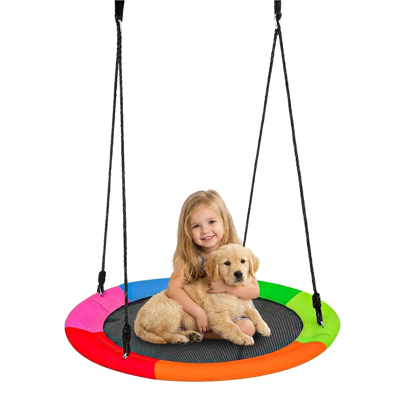 Bright multicolor 40‑inch round saucer tree swing for kids. Heavy‑duty outdoor flying platform swing, safe and durable for backyard, tree and playground fun for children.
