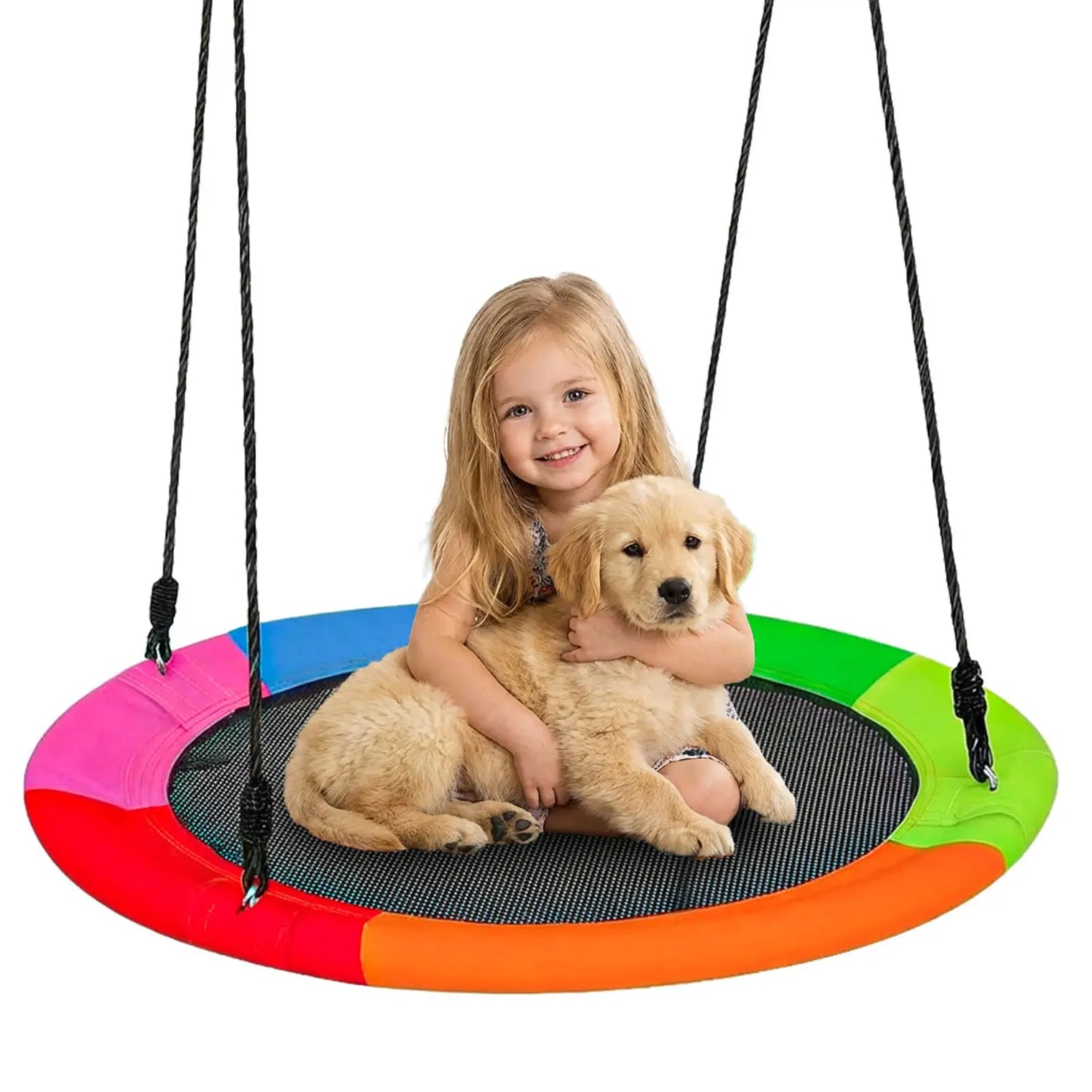 Colorful 40‑inch round saucer tree swing for kids. Heavy‑duty outdoor flying saucer swing, safe & durable for backyard, tree, playground play. Great fun for children of all ages.