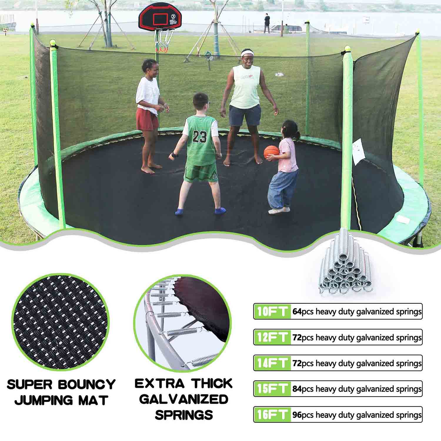 4 people playing basketball on a 10ft green trampoline and underneath it says_super bounce mat and Extra thick galvanized spring