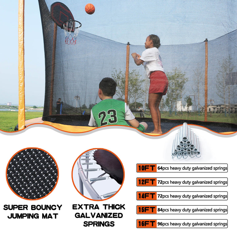 a girl and a boy playing basketball on a trampoline and underneath it says, super bounce mat and Extra thick galvanized spring, Next to it says, 10ft has 64 springs, 12ft has 72 springs, 14ft has 72 springs, 15ft has 84 springs, 16ft has 96 springs