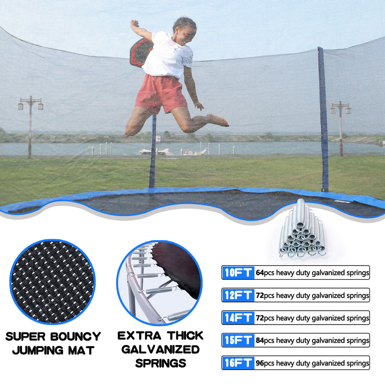 a girl jumps on a trampoline and underneath it says, super bounce mat and Extra thick galvanized spring, Next to it says, 10ft has 64 springs, 12ft has 72 springs, 14ft has 72 springs, 15ft has 84 springs, 16ft has 96 springs