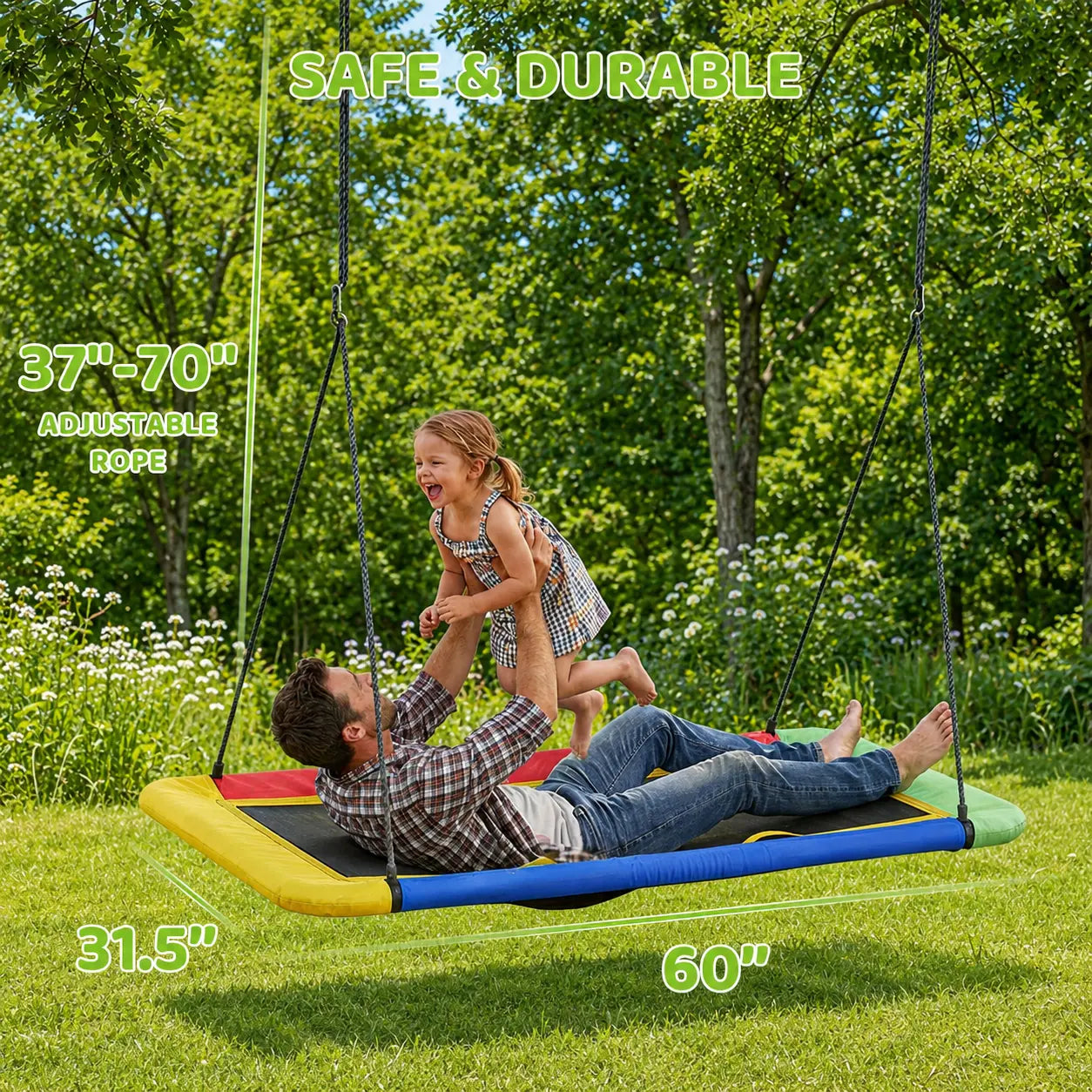 60-inch large rectangular platform swing equipped with adjustable ropes ranging from 37 to 70 inches, safe and durable design for both adults and kids backyard leisure play.