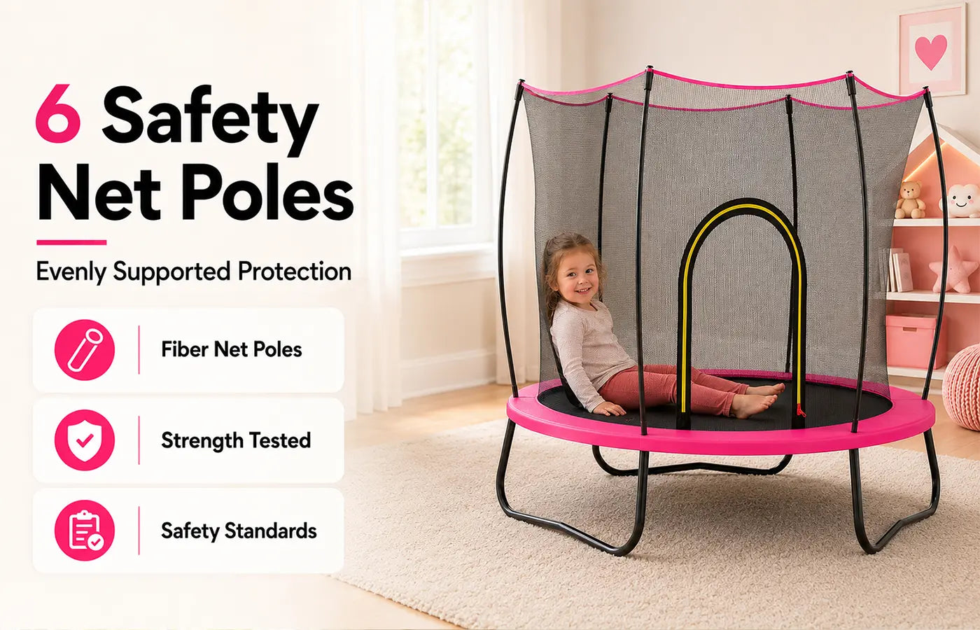 SkyBound pink kids trampoline with 6 safety net poles forming stable protective structure, young girl sitting on jumping mat indoors, three feature icons: Fiber Net Poles, Strength Tested, Safety Standards; text states poles are thoroughly strength tested and meet relevant safety standards