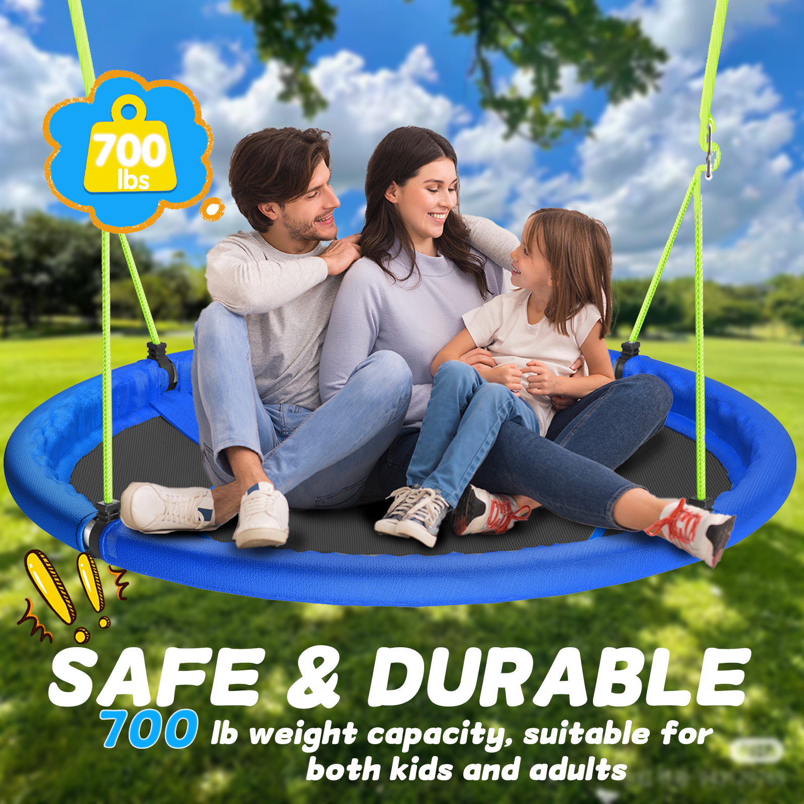 Heavy-duty circular saucer tree swing supports up to 700 lbs, safe and durable, fits children and adults, ideal outdoor hanging swing for family backyard activities.