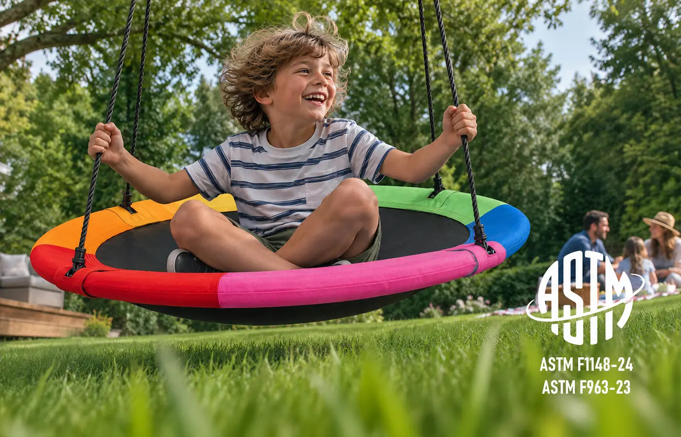 Our saucer swing meets ASTM F963‑23 & F1148‑24 safety standards. Every swing is tested for lead, heavy metals and flammability, delivering trusted, secure outdoor play equipment for children.