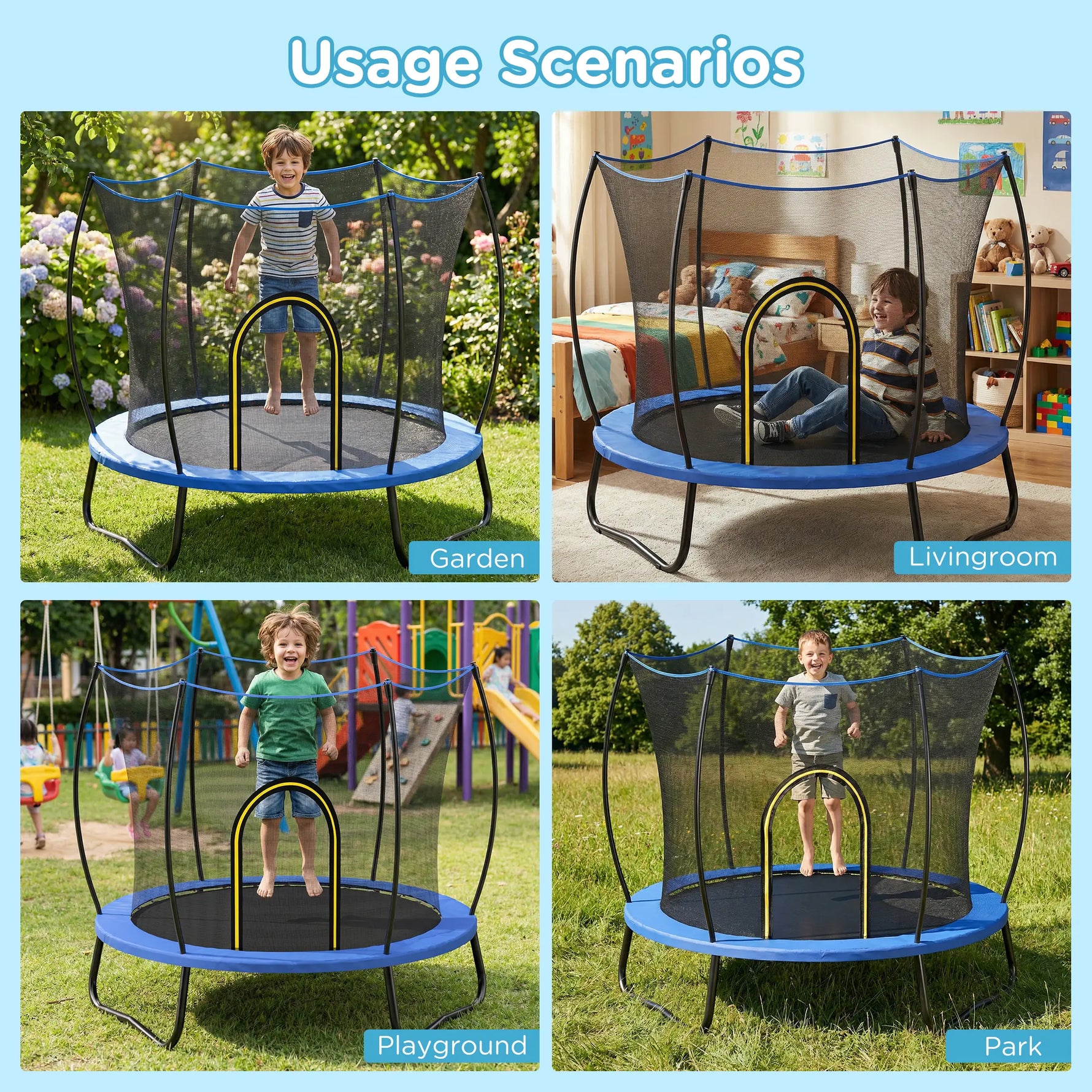 Family-friendly 55in trampoline collage showing all playable scenes: bedroom living room, backyard garden, public park, playground, portable safe bouncing toy for all seasons