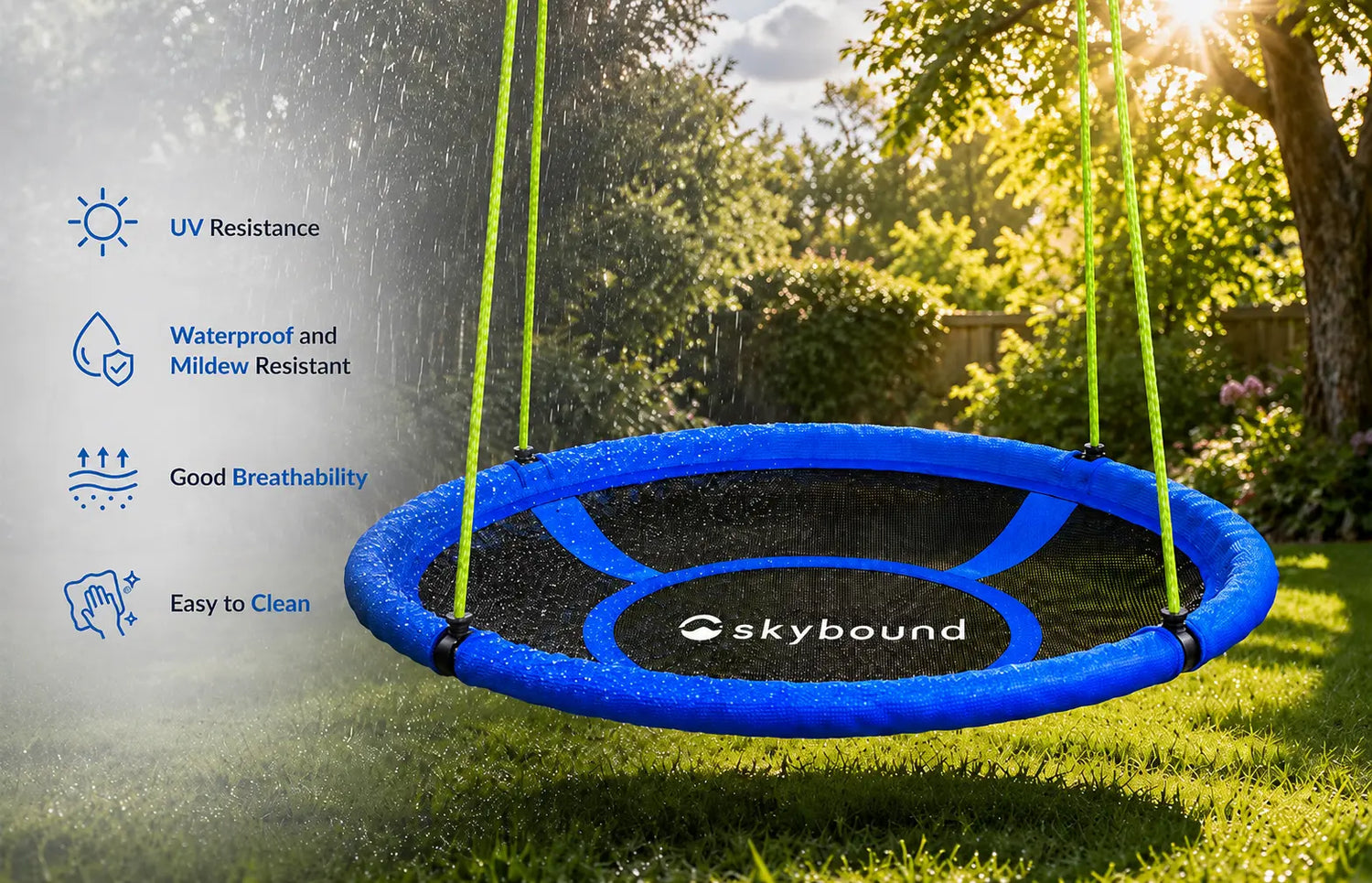 Our swing's made with high-quality UV-protective fabric. It blocks harmful sunlight, prevents fading, and stands up to outdoor wear. Strong woven construction resists tearing but stays soft. Water-repellent surface dries fast after light rain—built for year-round backyard use.