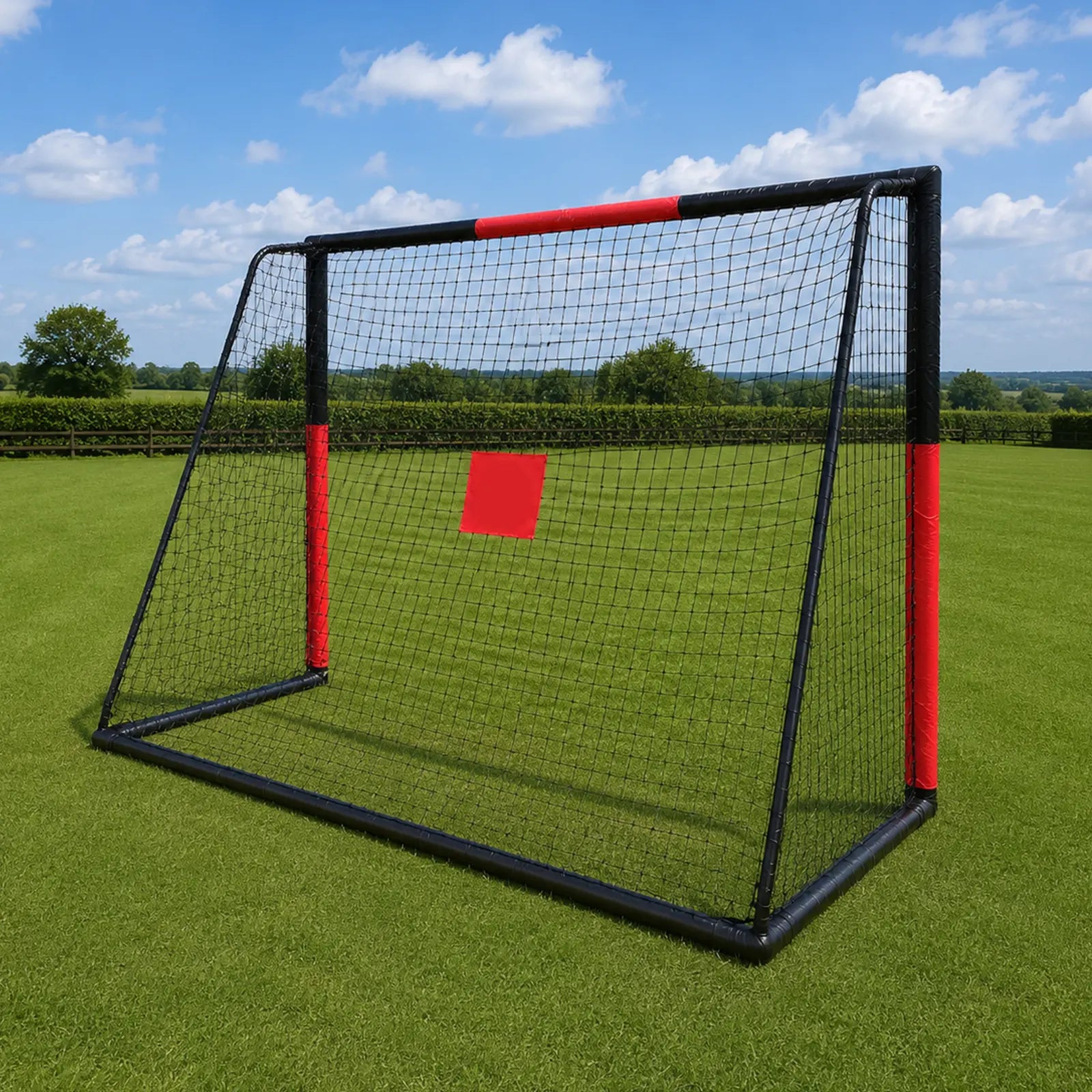 Back side of outdoor children football goal net with red target marker on sunny backyard lawn