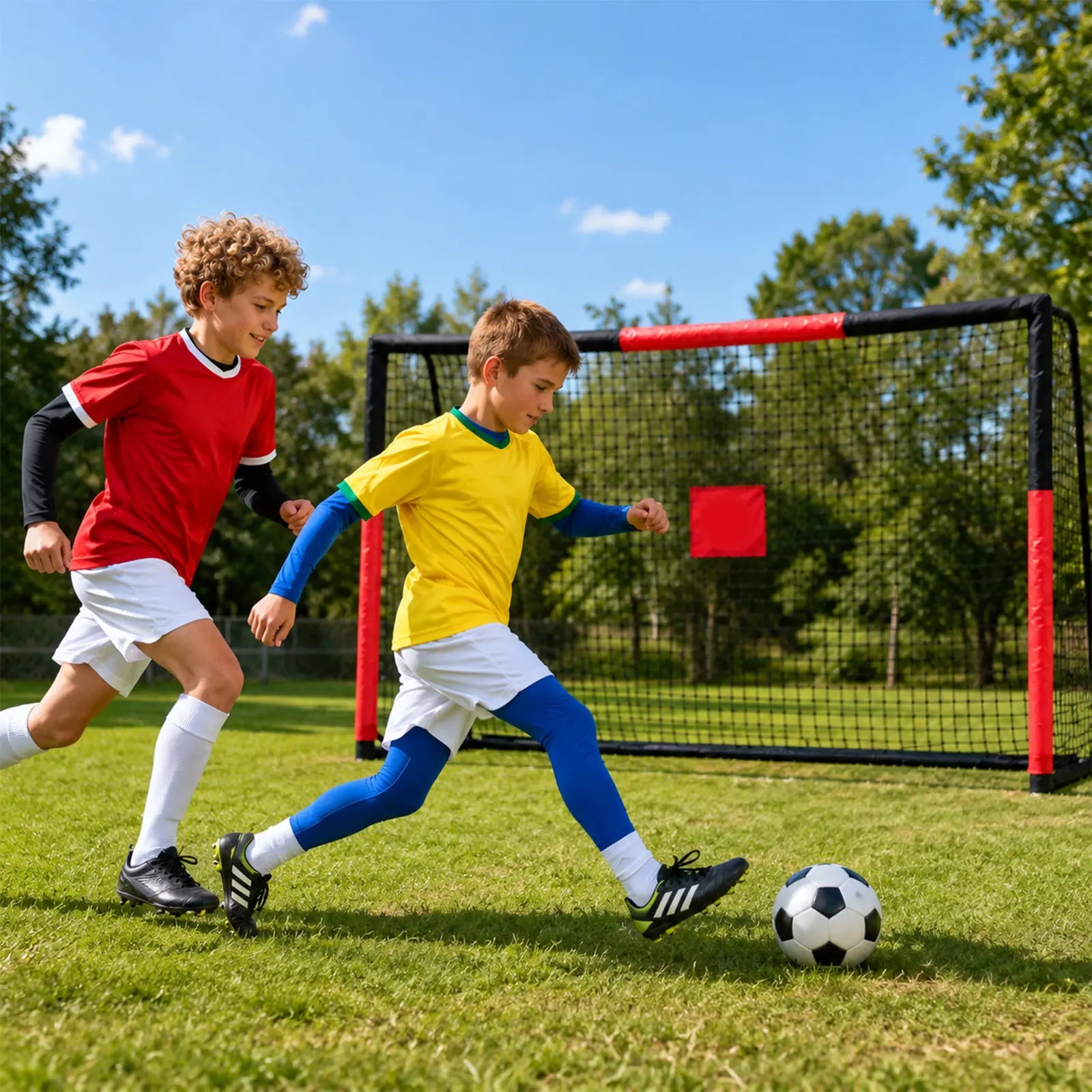 Children play competitive backyard football game, heavy‑duty soccer training goal helps kids practice shooting accuracy on grass lawn