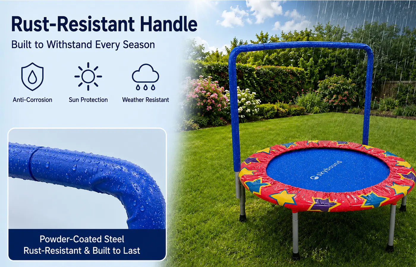 All metal frames adopt premium color powder coating treatment, featuring strong anti-corrosion performance and outstanding durability, effectively avoiding rust damage from long-term outdoor use and extending the trampoline service life.