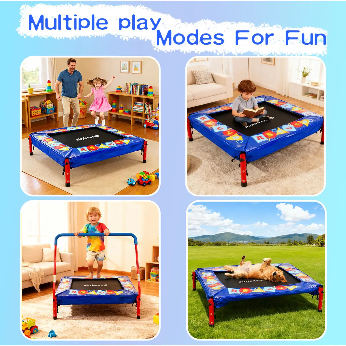kybound kids mini trampoline with multiple play modes: jumping with parent, quiet reading, jumping with handlebar, and pet resting, indoor and outdoor use