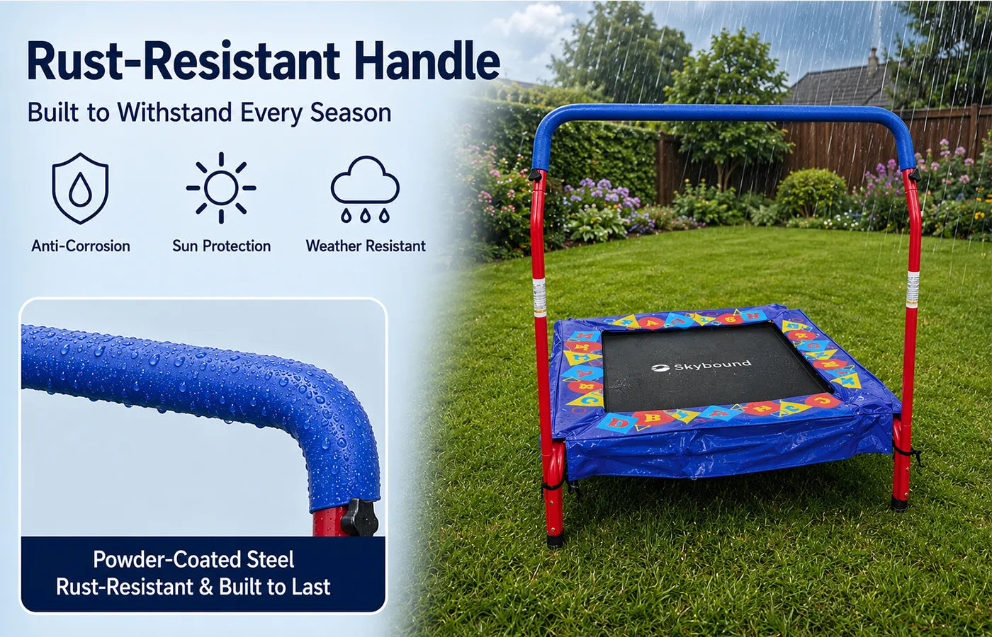 All metal frames adopt premium color powder coating treatment, featuring strong anti-corrosion performance and outstanding durability, effectively avoiding rust damage from long-term outdoor use and extending the trampoline service life.