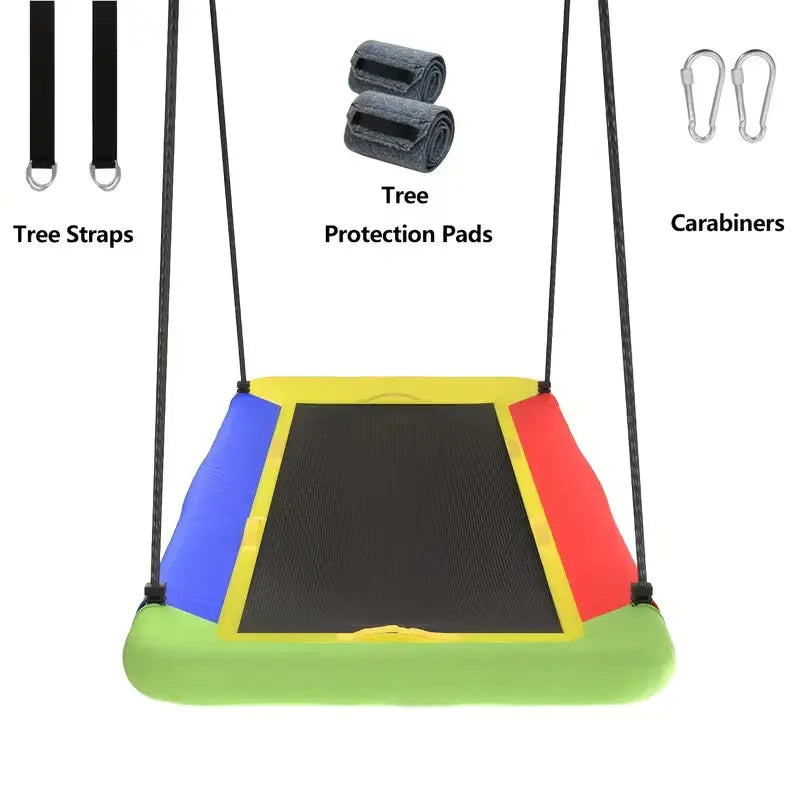Complete rectangular platform swing set comes with all mounting accessories: tree straps, protective tree pads and heavy-duty carabiners, ready for outdoor tree hanging installation.
