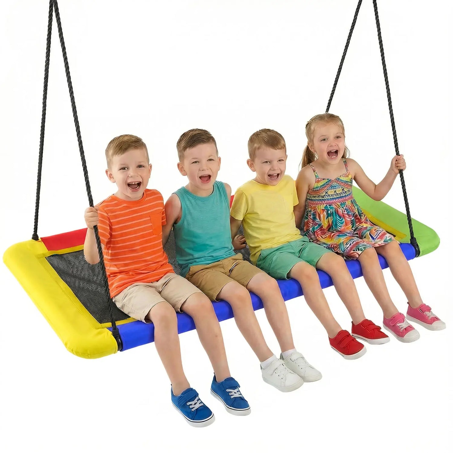 Spacious colorful rectangular platform swing holds up to four children, breathable mesh seat, ideal large tree swing for backyard group play.