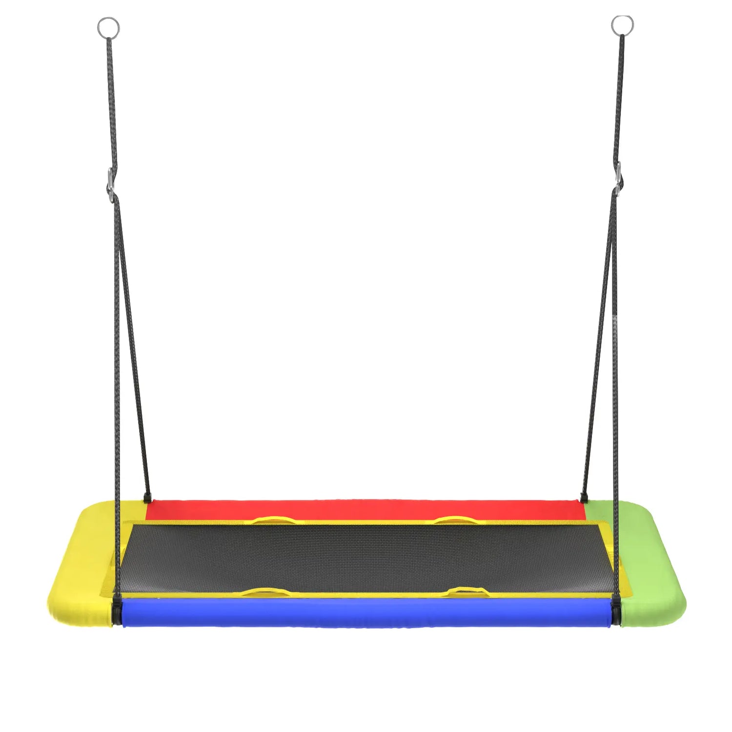 Multicolor rectangular flat platform tree swing with black mesh seat, outdoor hanging swing suitable for multiple children backyard playground activity